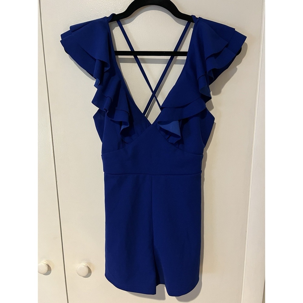 SHEIN Royal Blue‎ Petite XS Romper Shorts Deep V-Neck Ruffle Sleeve Back Zipper